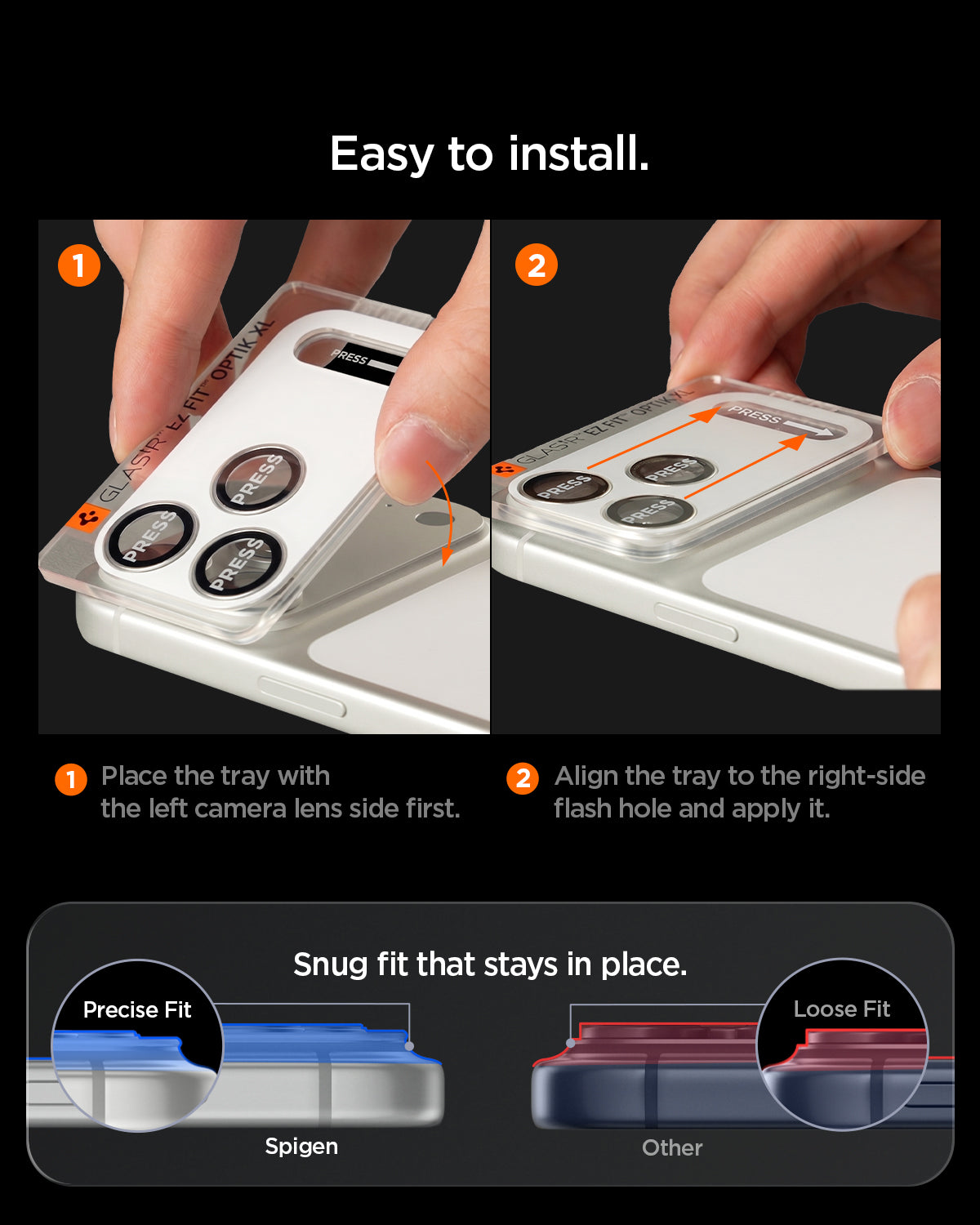AGL12038 - iPhone 18 Pro Optik Pro XL EZ Fit Lens Protector in Silver showing a two-step installation process using the alignment tray for a precise and secure fit.