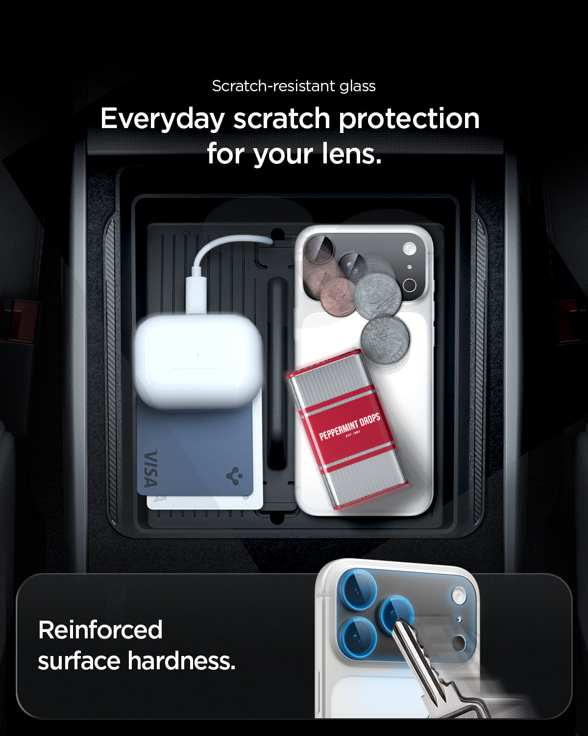 AGL12035 - iPhone 18 Pro Optik Pro XL EZ Fit Lens Protector in Dark Gray showing scratch-resistant lens protection designed to guard against everyday contact and surface damage.