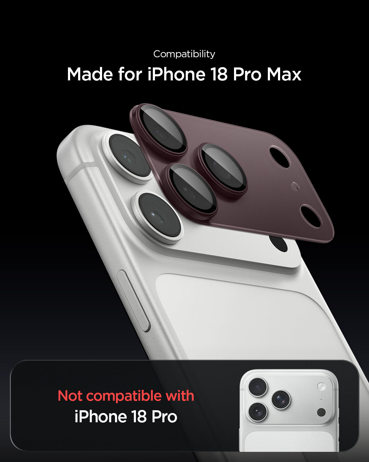 AGL12040 - iPhone 18 Pro Max Optik Pro XL EZ Fit Lens Protector in Dark Cherry showing the lens protector aligned over the camera area with a compatibility comparison.