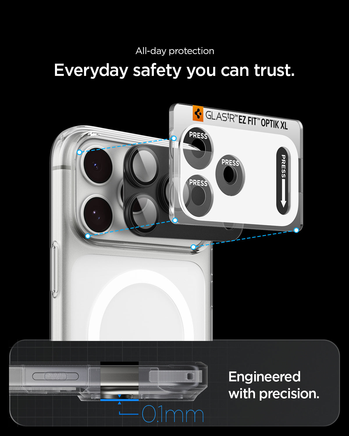 AGL12039 - iPhone 18 Pro Max Optik Pro XL EZ Fit Lens Protector in Dark Gray showing precise alignment and close fit between the lens protector and an open camera case.