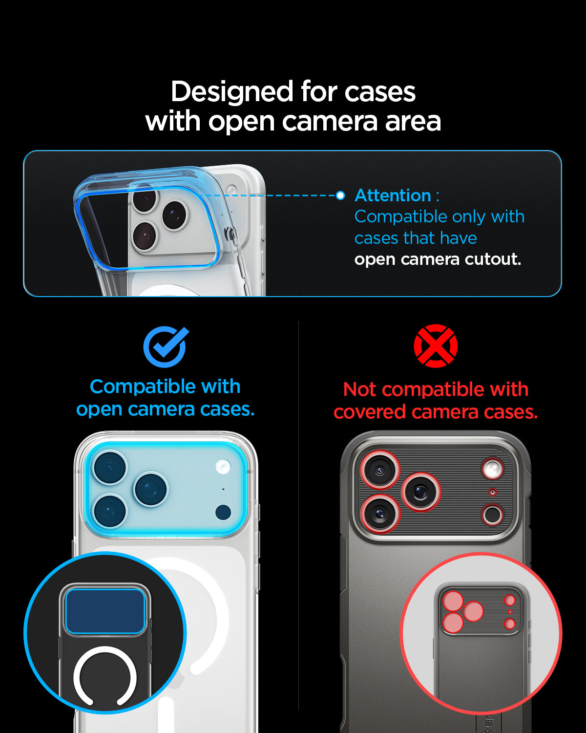AGL12039 - iPhone 18 Pro Max Optik Pro XL EZ Fit Lens Protector in Dark Gray showing compatibility with cases featuring an open camera area and incompatibility with covered camera designs.