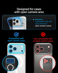 AGL12041 - iPhone 18 Pro Max Optik Pro XL EZ Fit Lens Protector in Light Blue showing compatibility with cases featuring an open camera area and incompatibility with covered camera designs.