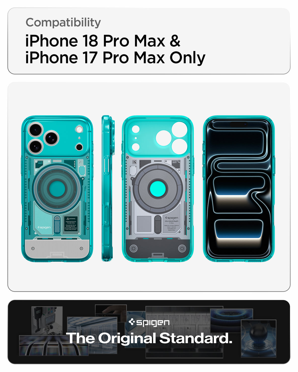ACS11754 - iPhone 18 Pro Max / iPhone 17 Pro Max Ultra Hybrid C-One (Mag Fit) Bondi Blue showing front back and side views highlighting the translucent teardown-inspired design