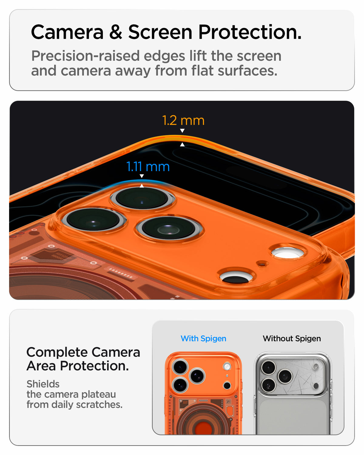 ACS11755 -  iPhone 18 Pro Max / iPhone 17 Pro Max Ultra Hybrid C-One (Mag Fit) Tangerine showing raised edges around the screen and camera area for added protection against scratches and surface contact