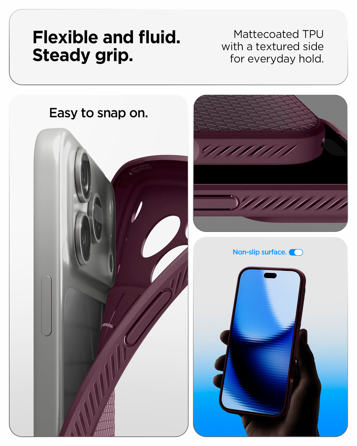  ACS12338 - iPhone 18 Pro / iPhone 17 Pro Liquid Air in Dark Cherry showing flexible and fluid steady grip. mattecoated TPU with a textured side for everyday hold.