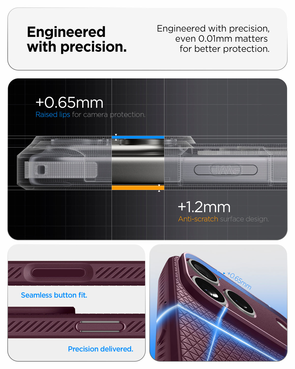  ACS12338 - iPhone 18 Pro / iPhone 17 Pro Liquid Air in Dark Cherry showing engineered with precision. even 0.01mm matters for better protection. seamless button fit. precision delivered.