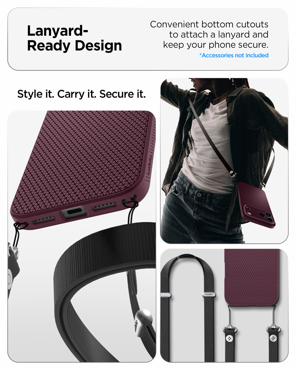  ACS12338 - iPhone 18 Pro / iPhone 17 Pro Liquid Air in Dark Cherry showing lanyard ready design. convenient bottom cutouts to attach a lanyard and keep your phone secure