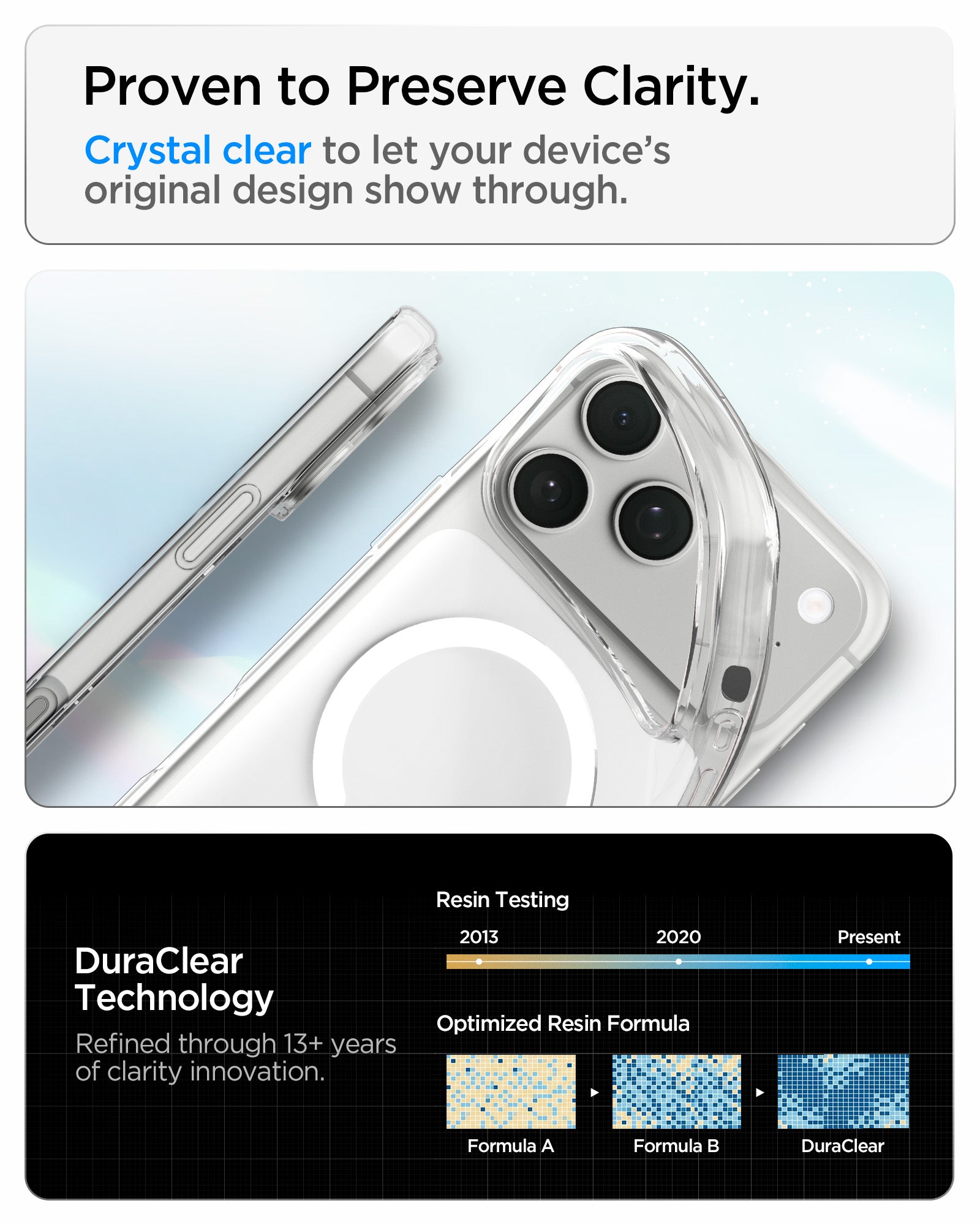 ACS11925 - iPhone 18 Pro / iPhone 17 Pro Crystal Flex (Mag Fit) showing crystal-clear material and DuraClear Technology designed to preserve long-lasting clarity.