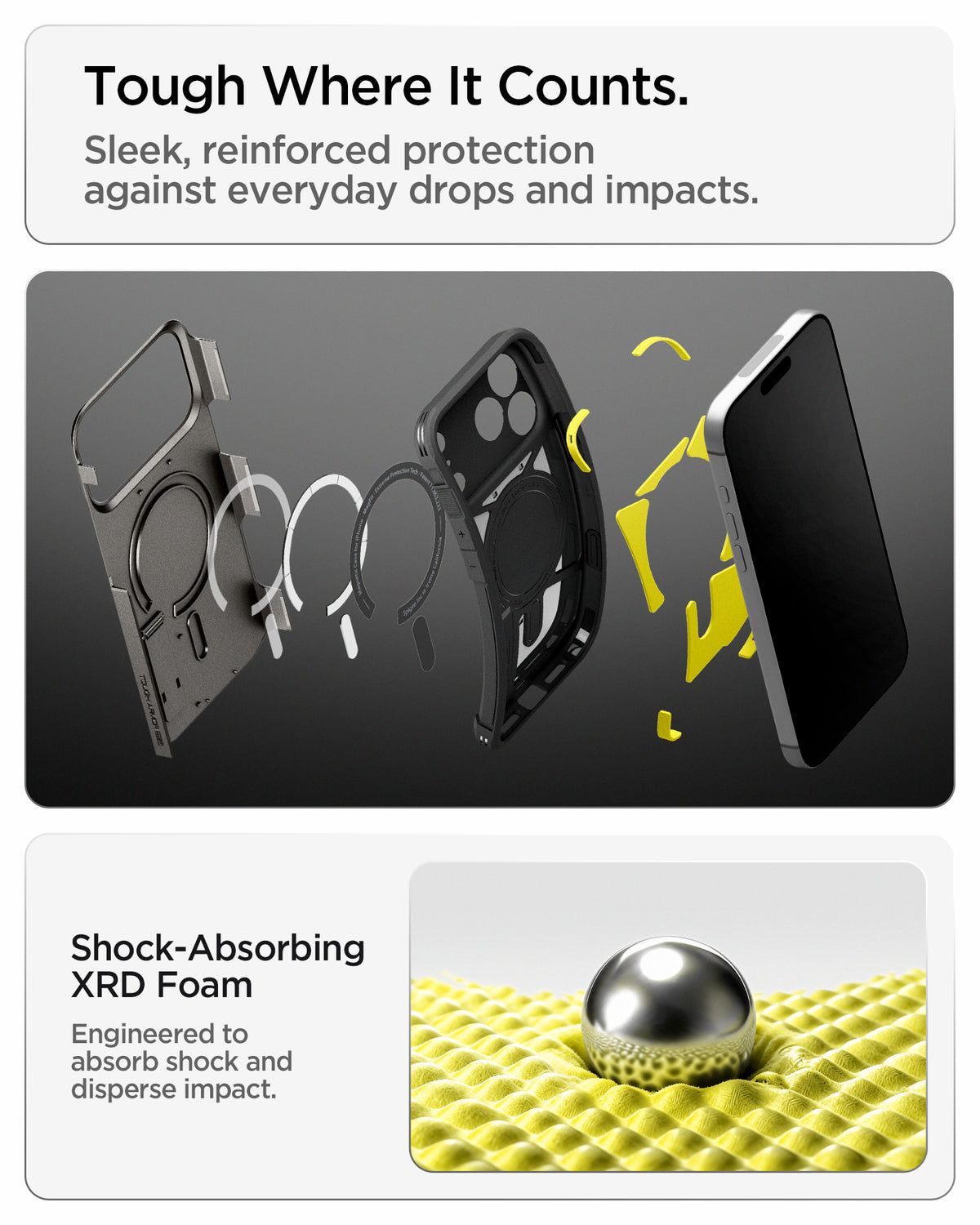 ACS09951CA - iPhone 18 Pro / iPhone 17 Pro Tough Armor T Mag Fit Gunmetal showing a layered protective structure with shock-absorbing foam engineered to disperse impact