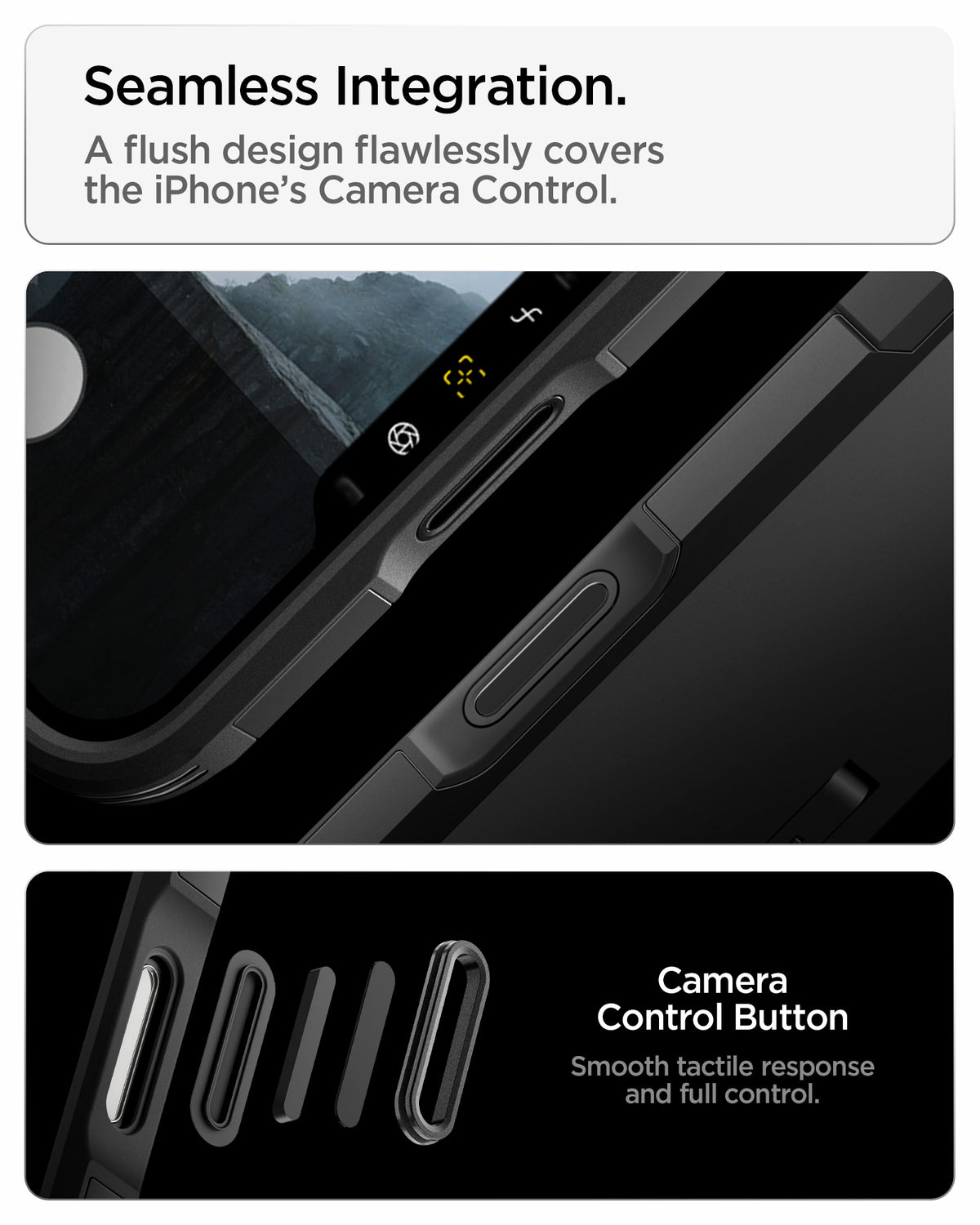 ACS09950CC - iPhone 18 Pro / iPhone 17 Pro Tough Armor T Mag Fit Black showing a flush camera control button design for smooth tactile response and full control