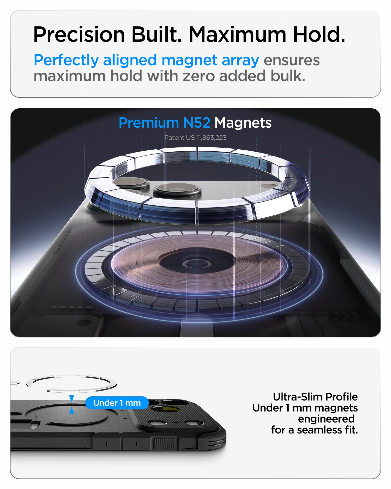 ACS09950CC - iPhone 18 Pro / iPhone 17 Pro Tough Armor T Mag Fit Black showing a precision-aligned N52 magnet array with an ultra-slim profile for a secure magnetic connection