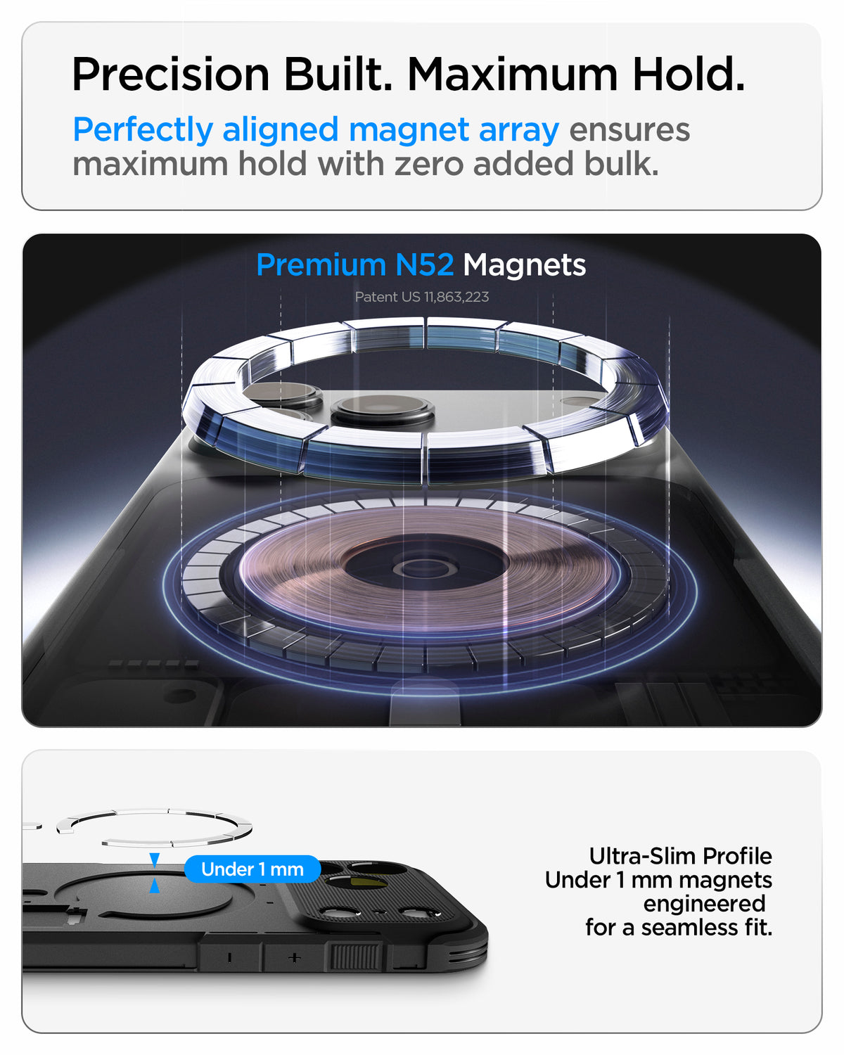 ACS09951CA - iPhone 18 Pro / iPhone 17 Pro Tough Armor T Mag Fit Gunmetal showing a precision-aligned N52 magnet array with an ultra-slim profile for a secure magnetic connection