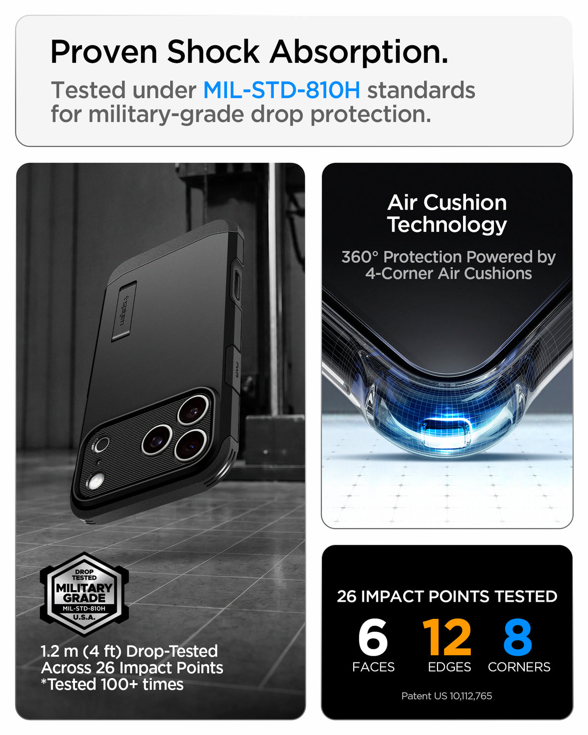ACS09950CC - iPhone 18 Pro / iPhone 17 Pro Tough Armor T Mag Fit Black showing military-grade drop protection with Air Cushion Technology and reinforced impact protection