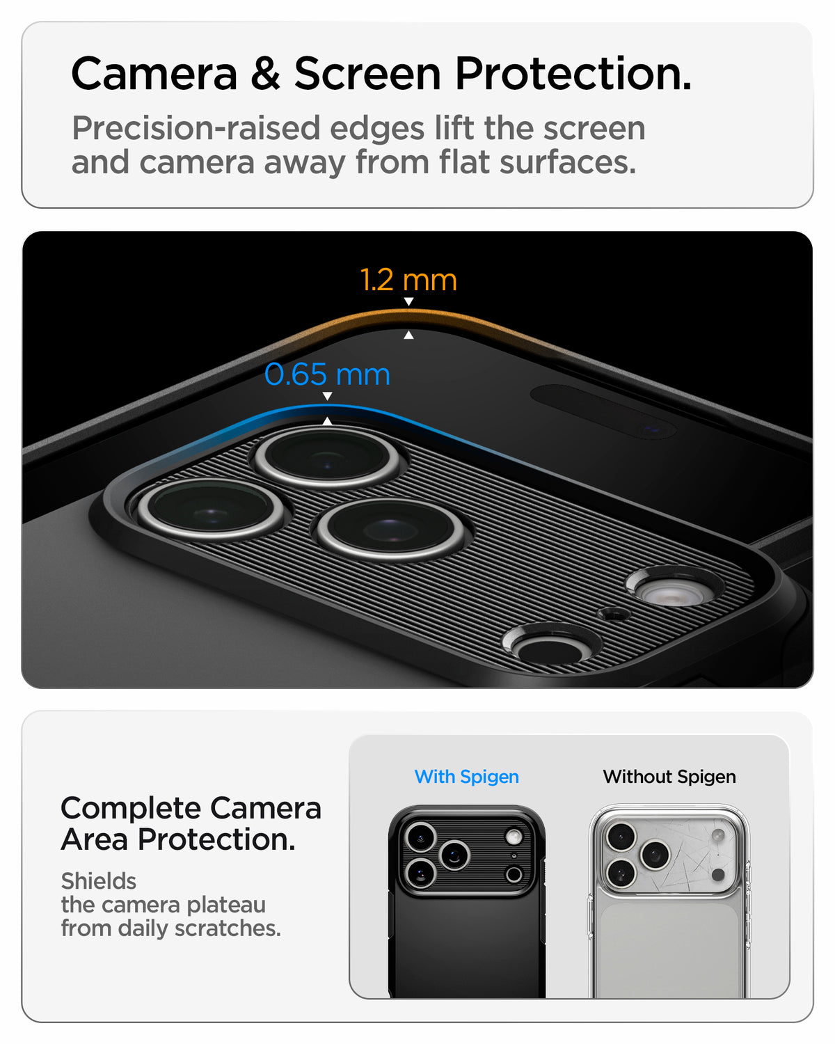 ACS09950CC - iPhone 18 Pro / iPhone 17 Pro Tough Armor T Mag Fit Black showing raised screen and camera edges designed to protect against scratches and contact with flat surfaces