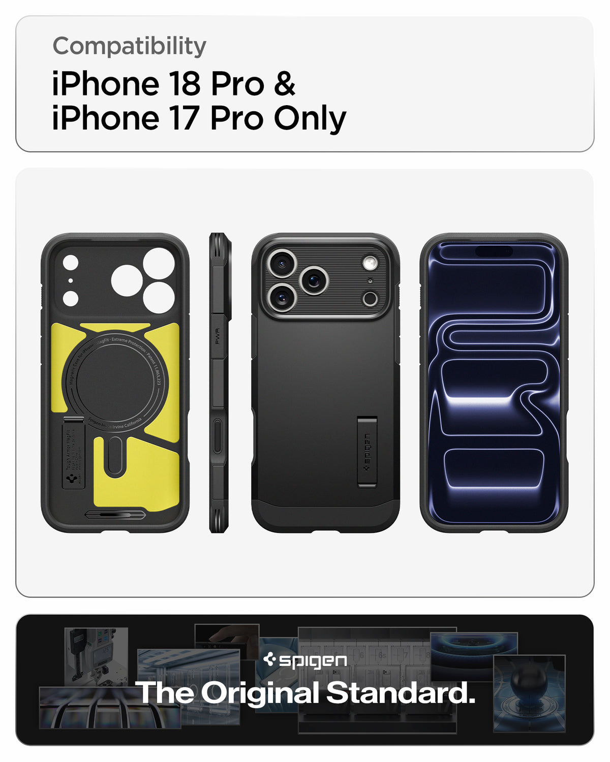 ACS09950CC - iPhone 18 Pro / iPhone 17 Pro Tough Armor T Mag Fit Black showing multiple views of the case highlighting its rugged construction, magnetic design, and integrated kickstand