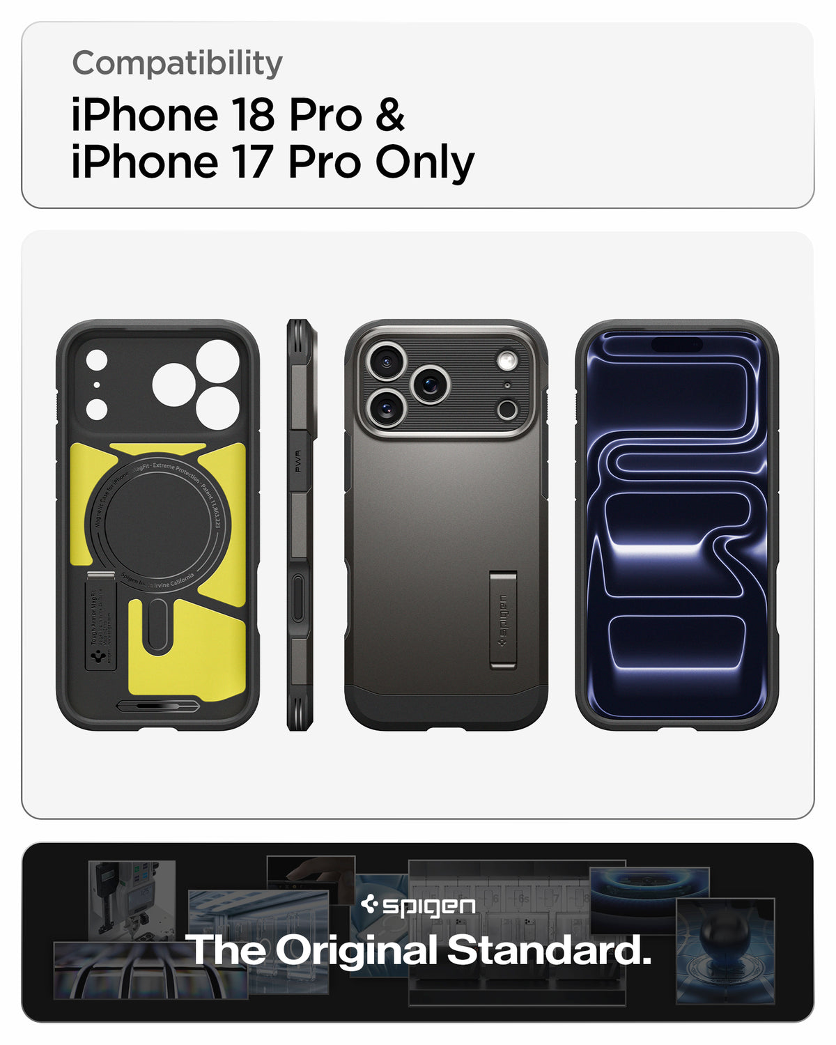 ACS09951CA - iPhone 18 Pro / iPhone 17 Pro Tough Armor T Mag Fit Gunmetal showing multiple views of the case highlighting its rugged construction, magnetic design, and integrated kickstand