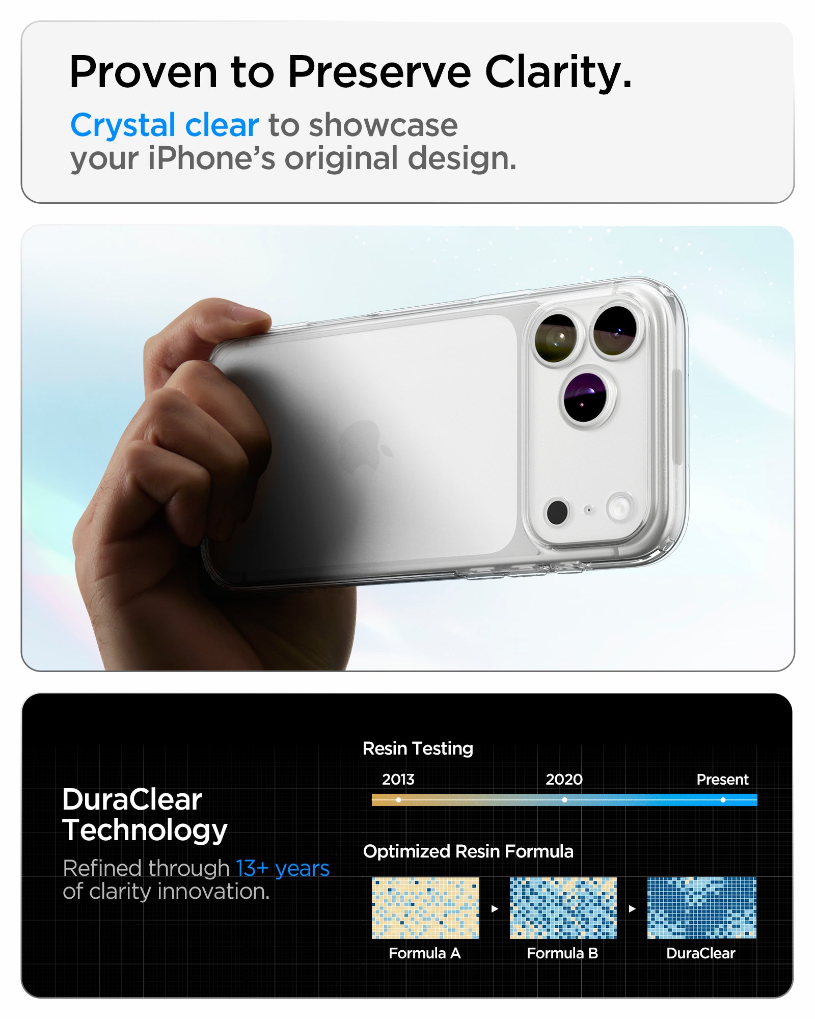 ACS10064 - iPhone 17 Pro Ultra Hybrid in Crystal Clear showing a clear case designed to preserve clarity with long-lasting anti-yellowing technology