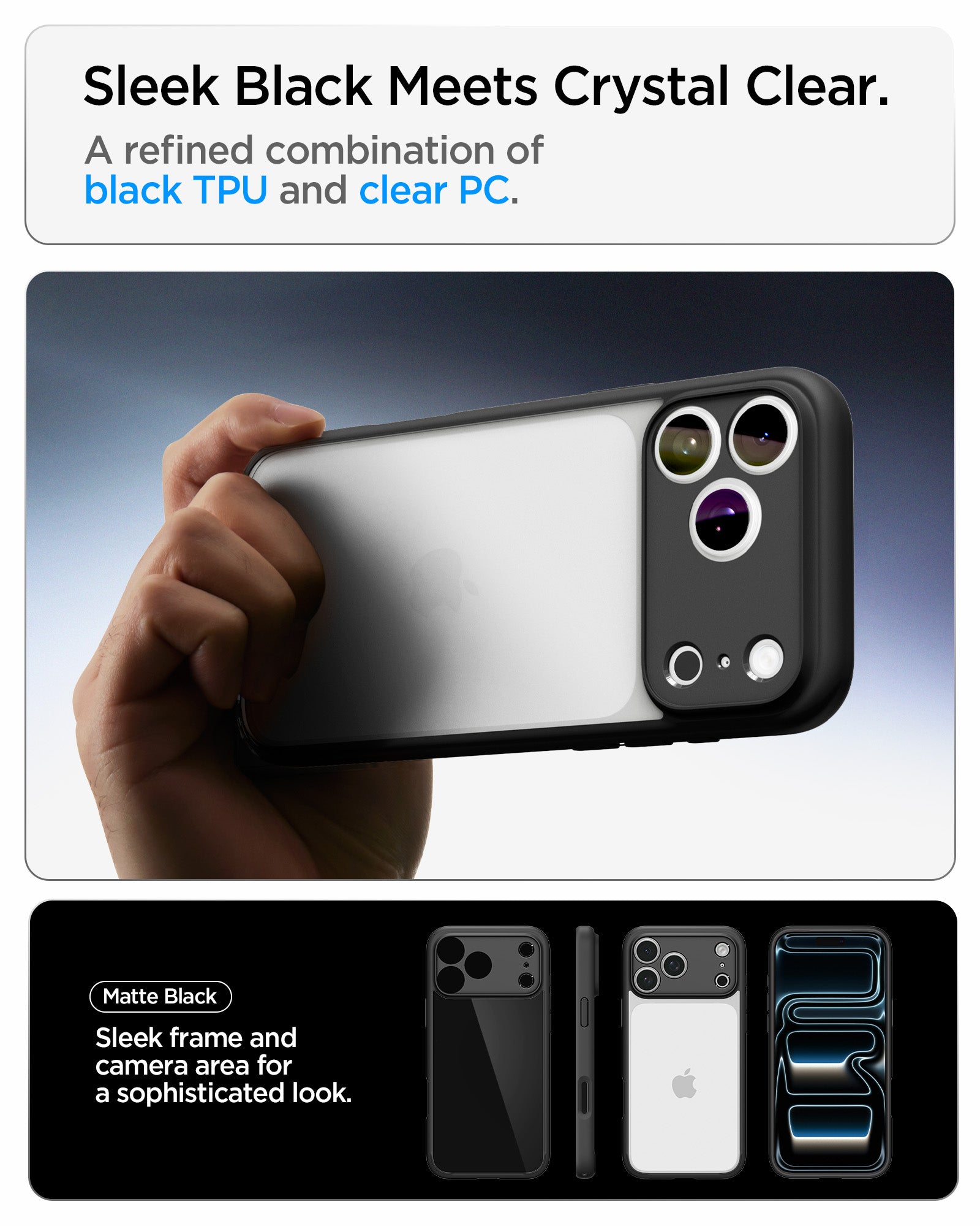 ACS10065CC - iPhone 18 Pro  / iPhone 17 Pro Ultra Hybrid in Matte Black showing a clear case designed to preserve clarity with long-lasting anti-yellowing technology