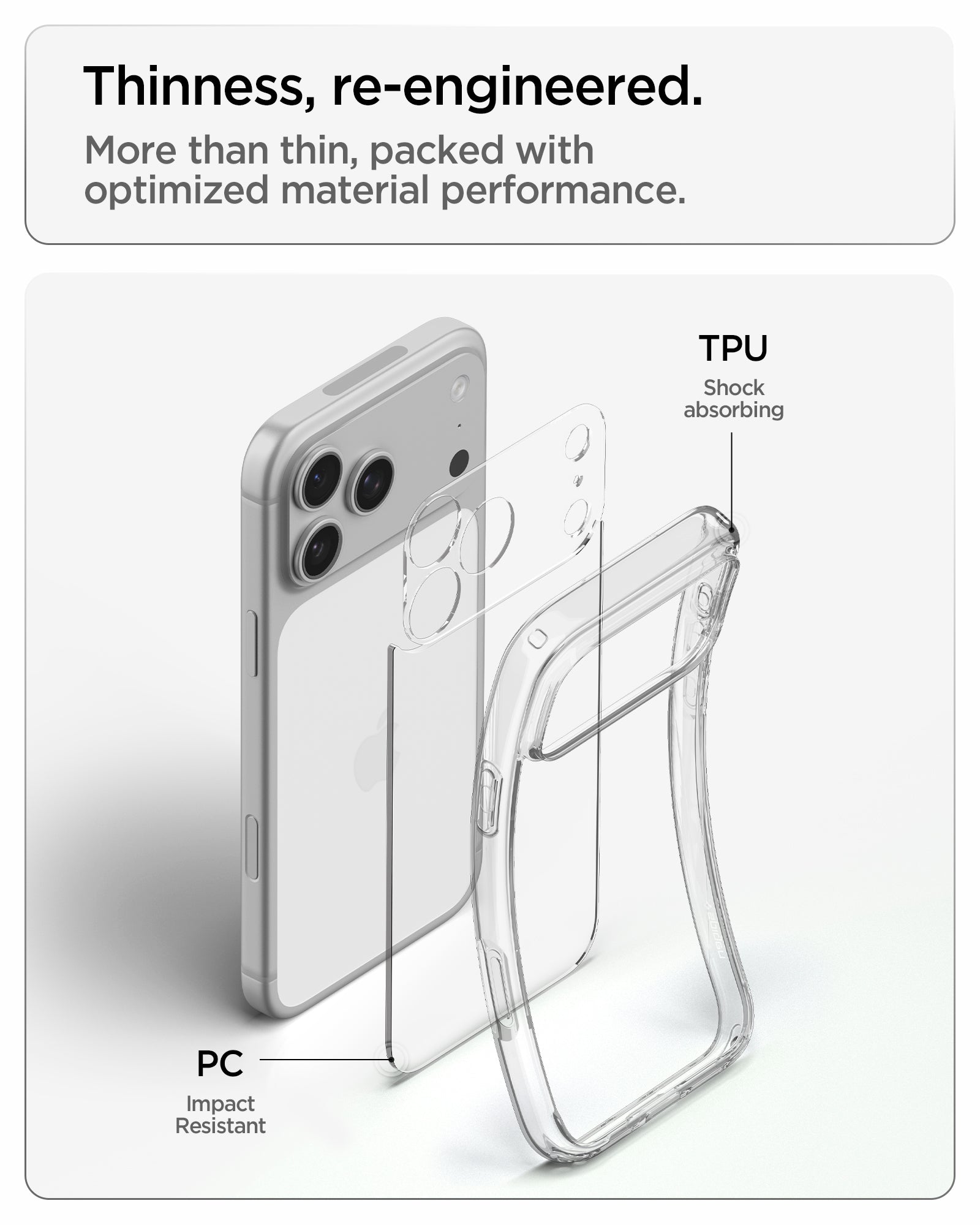 ACS10064 - iPhone 17 Pro Ultra Hybrid in Crystal Clear showing a slim hybrid construction with impact-resistant back and shock-absorbing flexible edges