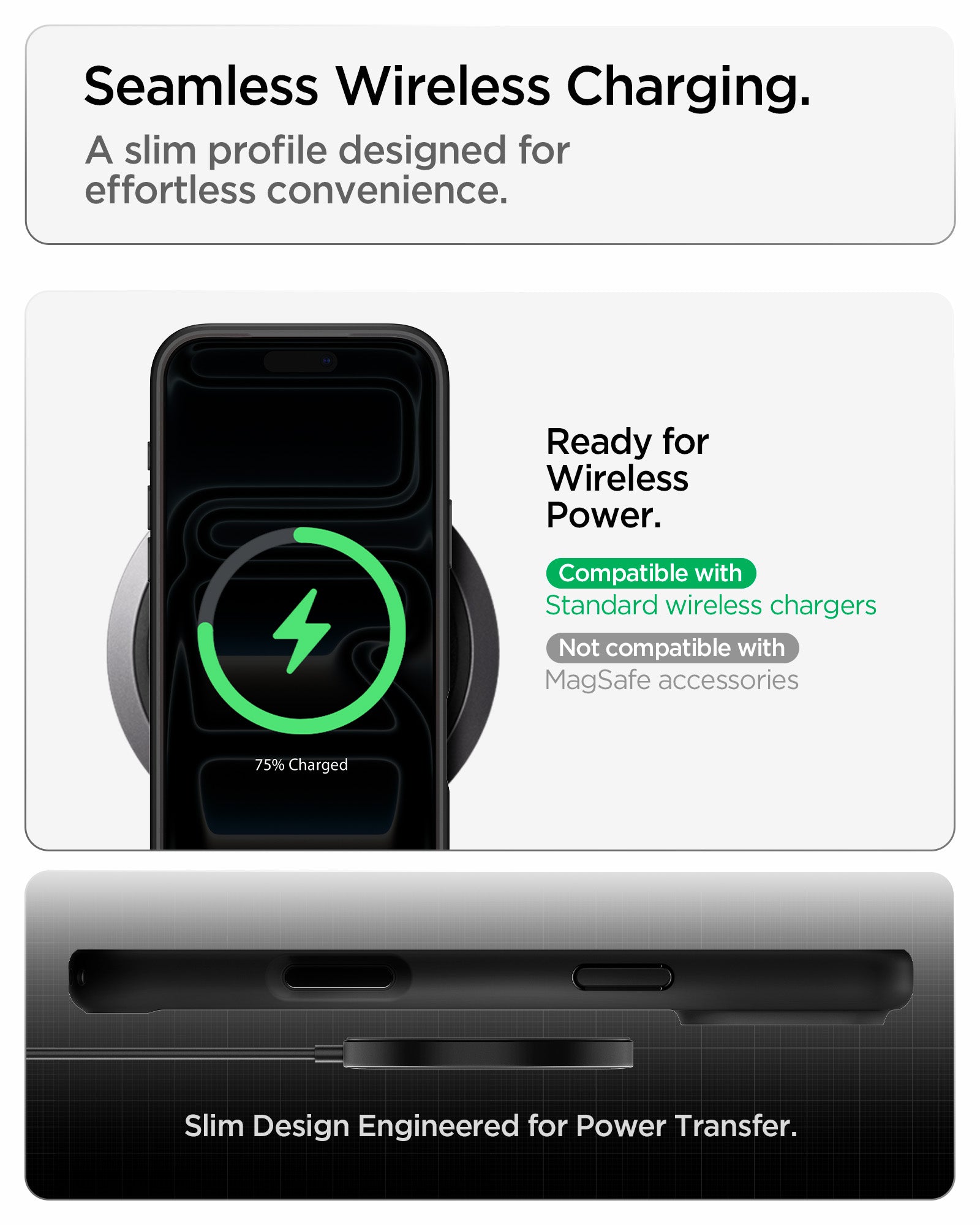 ACS10065CC - iPhone 18 Pro  / iPhone 17 Pro Ultra Hybrid in Matte Black showing a slim case supporting standard wireless charging with efficient power transfer
