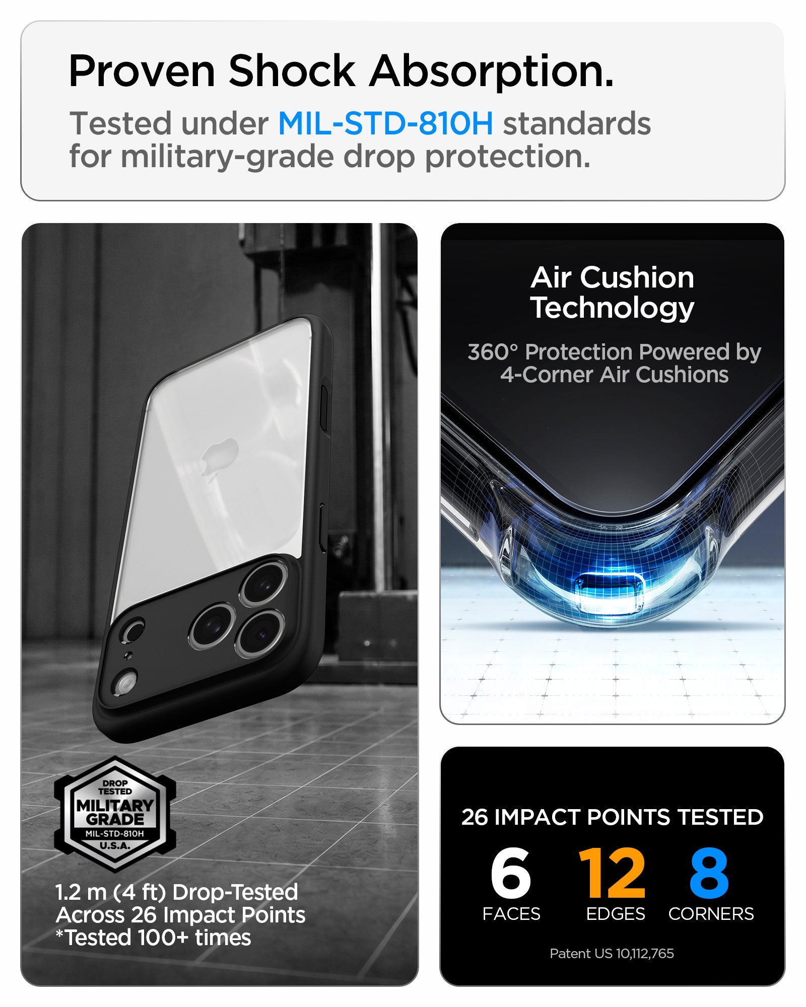 ACS10065CC - iPhone 18 Pro  / iPhone 17 Pro Ultra Hybrid in Matte Black showing military-grade drop protection with four-corner air cushion technology and tested impact coverage