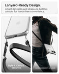 ACS10064 - iPhone 17 Pro Ultra Hybrid in Crystal Clear showing built-in bottom cutouts for attaching lanyards and straps for hands-free carrying