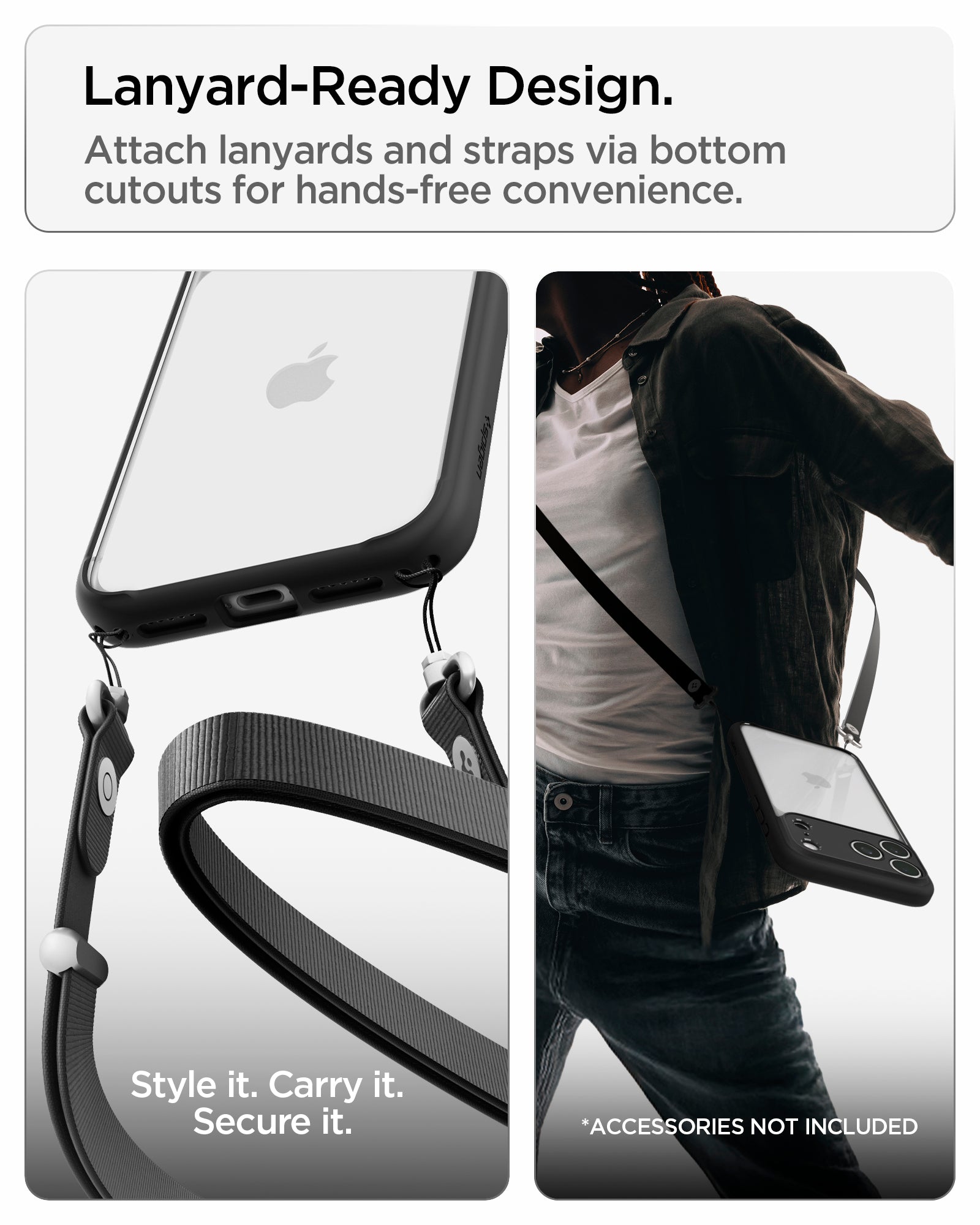 ACS10065CC - iPhone 18 Pro  / iPhone 17 Pro Ultra Hybrid in Matte Black showing built-in bottom cutouts for attaching lanyards and straps for hands-free carrying