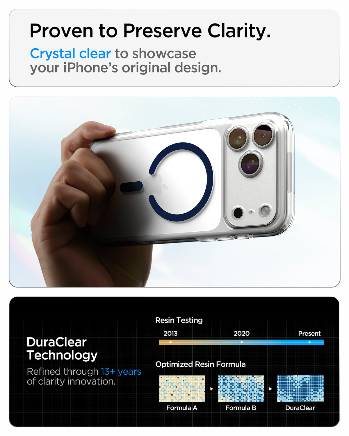 ACS10954CA - iPhone 17 Pro Ultra Hybrid (MagFit) in Clear Deep Blue showing crystal-clear transparency and long-term clarity supported by DuraClear Technology