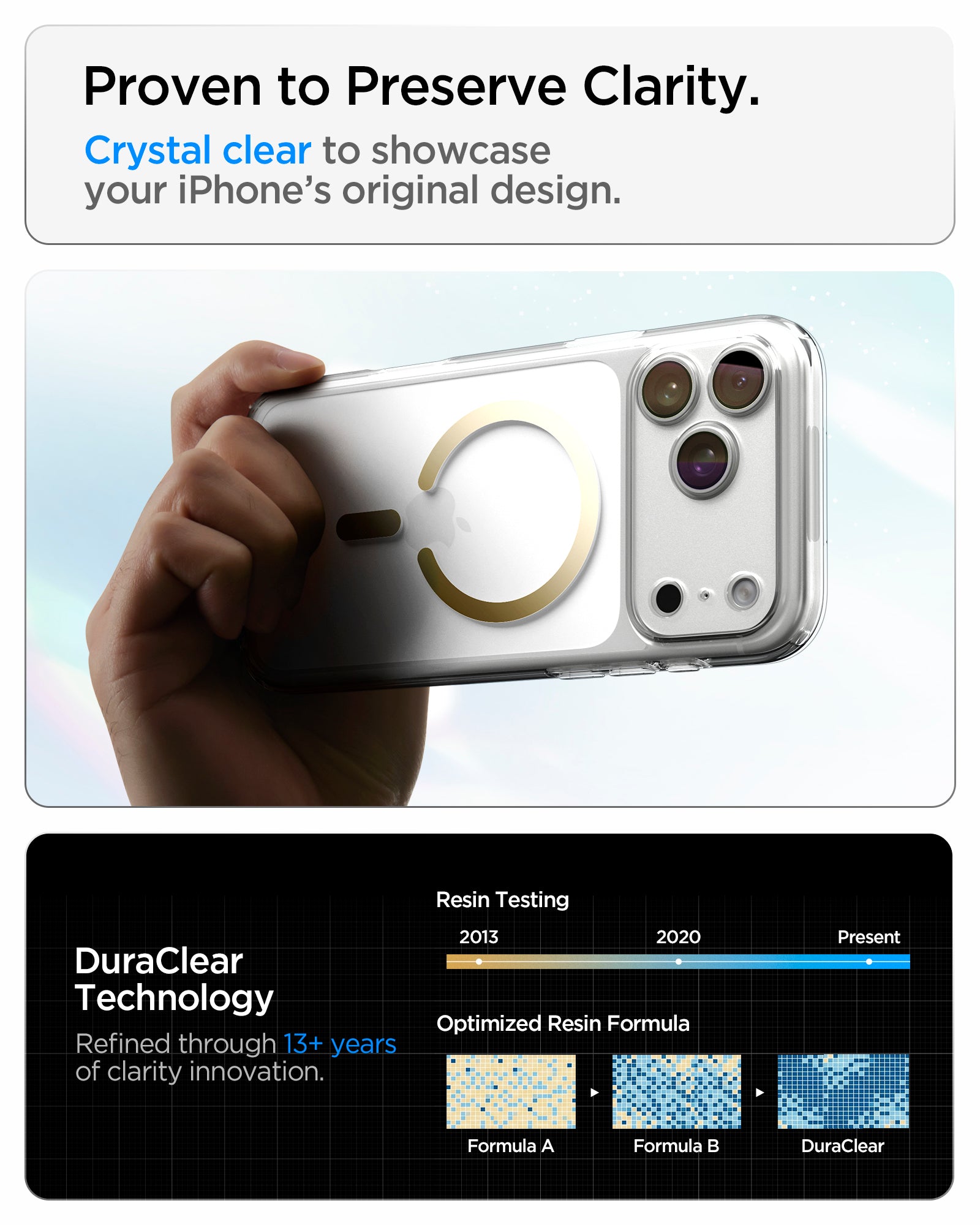 ACS10068 - iPhone 17 Pro Ultra Hybrid (MagFit) in Clear Gold showing crystal-clear transparency and long-term clarity supported by DuraClear Technology
