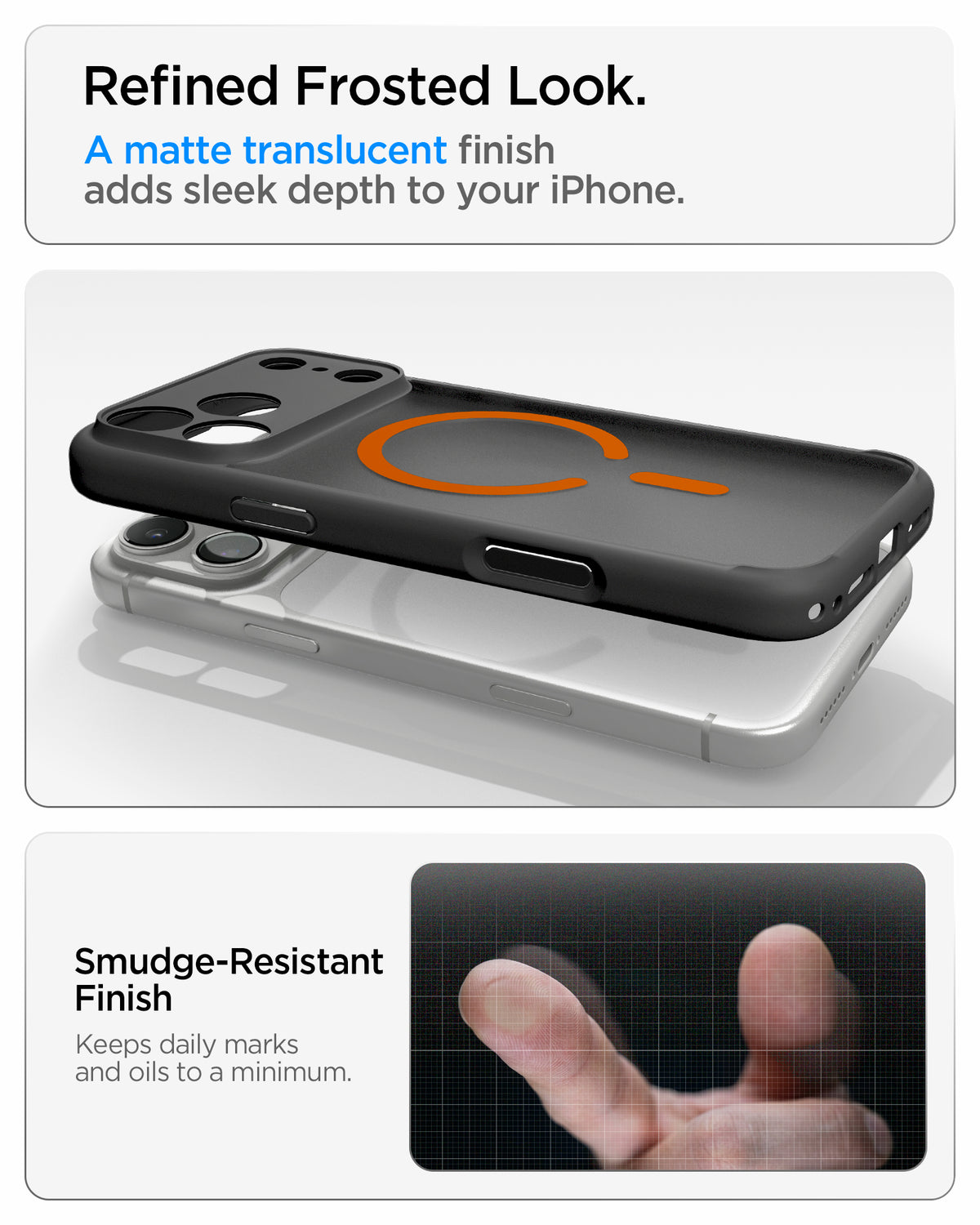 ACS10481CA - iPhone 17 Pro Ultra Hybrid (MagFit) in Frost Black Orange showing a matte translucent finish designed to resist smudges and maintain a refined appearance