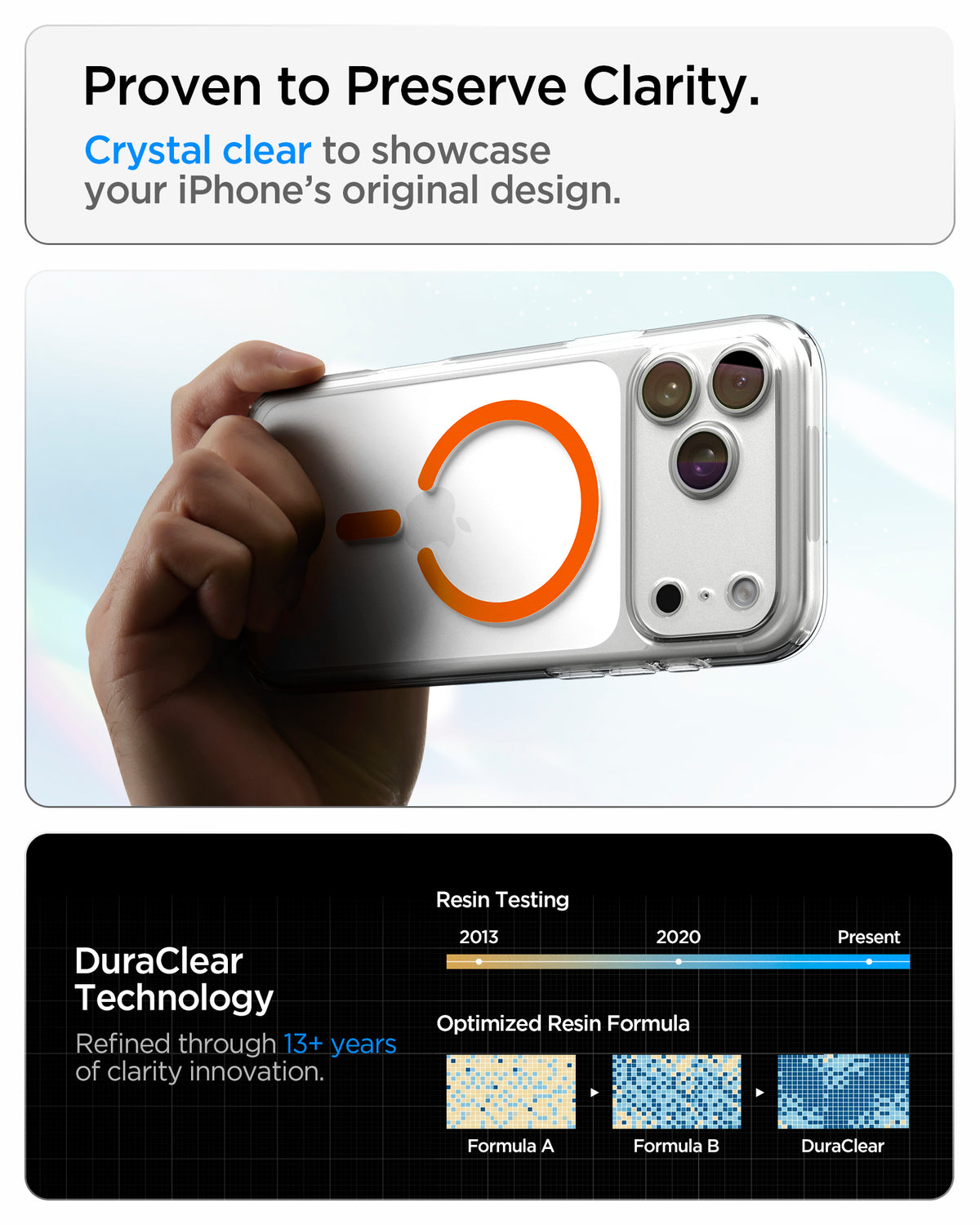 ACS11110CB -  iPhone 18 Pro / iPhone 17 Pro Ultra Hybrid (MagFit) in Clear Orange showing crystal-clear transparency and long-term clarity supported by DuraClear Technology