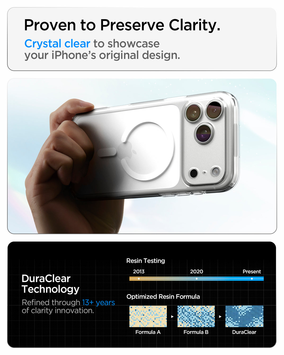 ACS10066CA - iPhone 18 Pro / iPhone 17 Pro Ultra Hybrid (MagFit) in Clear White showing crystal-clear transparency and long-term clarity supported by DuraClear Technology