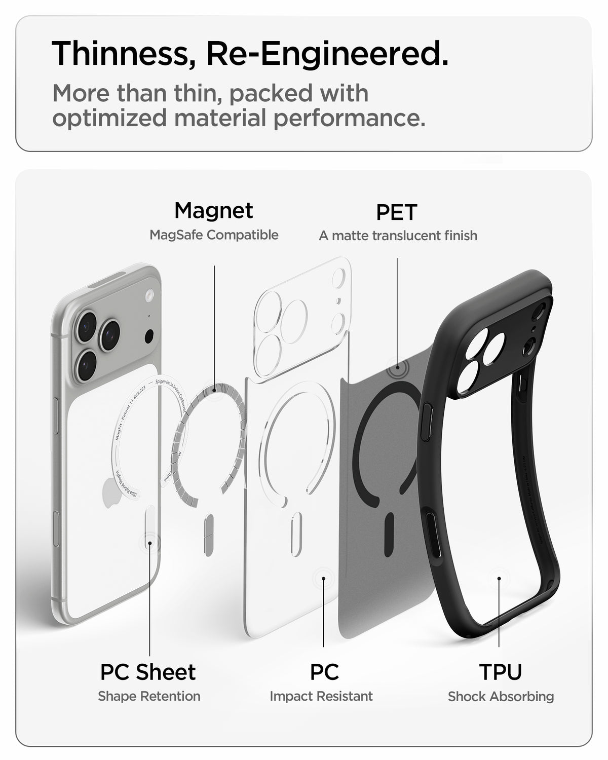 ACS10069CA - iPhone 18 Pro / iPhone 17 Pro Ultra Hybrid (MagFit) in Frost Black showing an exploded view of layered materials including magnets, rigid panels, and shock-absorbing edges