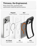 ACS10481CA - iPhone 17 Pro Ultra Hybrid (MagFit) in Frost Black Orange showing an exploded view of layered materials including magnets, rigid panels, and shock-absorbing edges