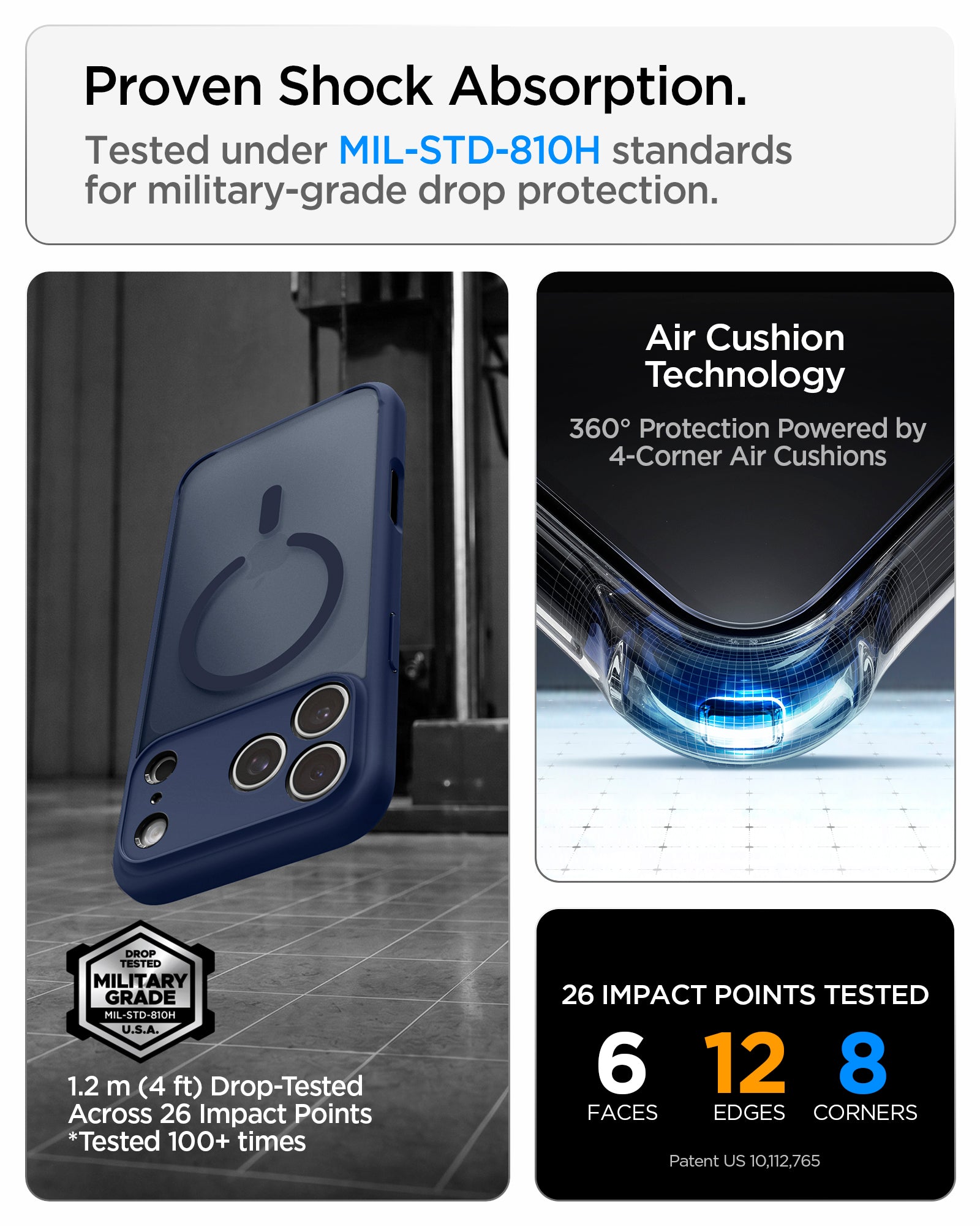 ACS11924 - iPhone 18 Pro / iPhone 17 Pro Ultra Hybrid (MagFit) in Frost Deep Blue showing military-grade drop protection with Air Cushion Technology and reinforced corner impact absorption