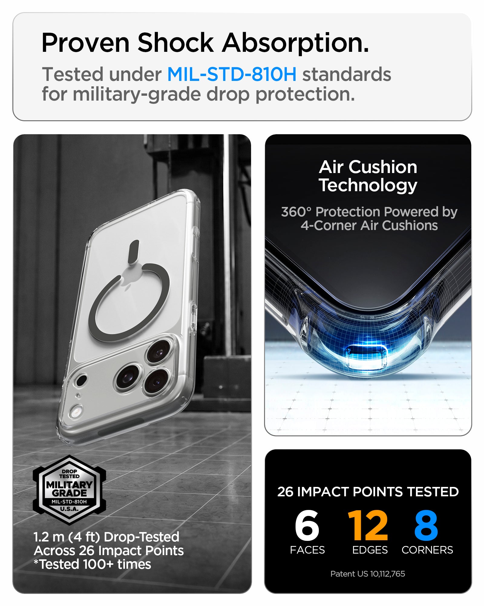 ACS10067CC - iPhone 18 Pro / iPhone 17 Pro Ultra Hybrid (MagFit) in Clear Graphite showing military-grade drop protection with Air Cushion Technology and reinforced corner impact absorption