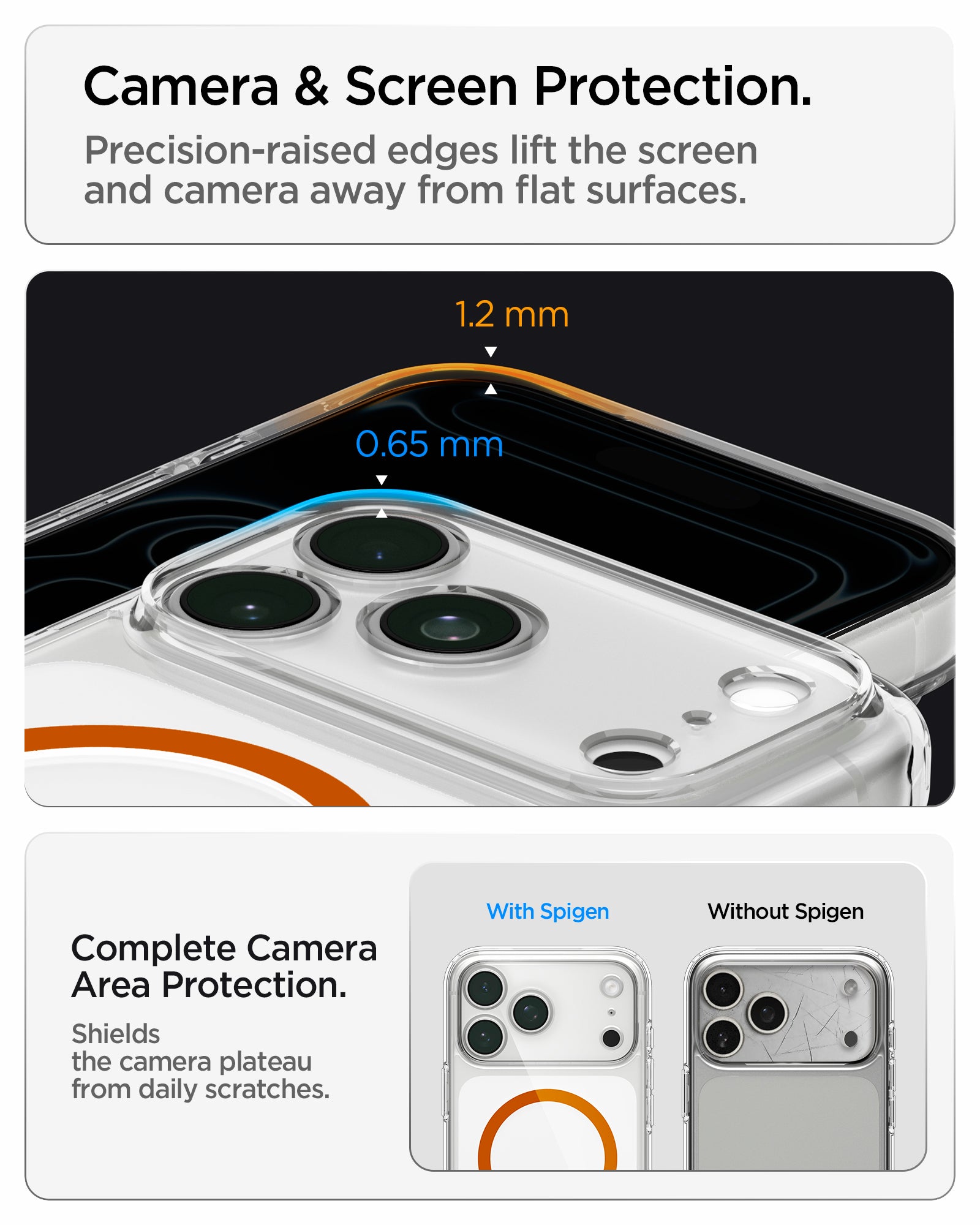 ACS11110CB -  iPhone 18 Pro / iPhone 17 Pro Ultra Hybrid (MagFit) in Clear Orange showing raised edges around the screen and camera area for added protection against scratches