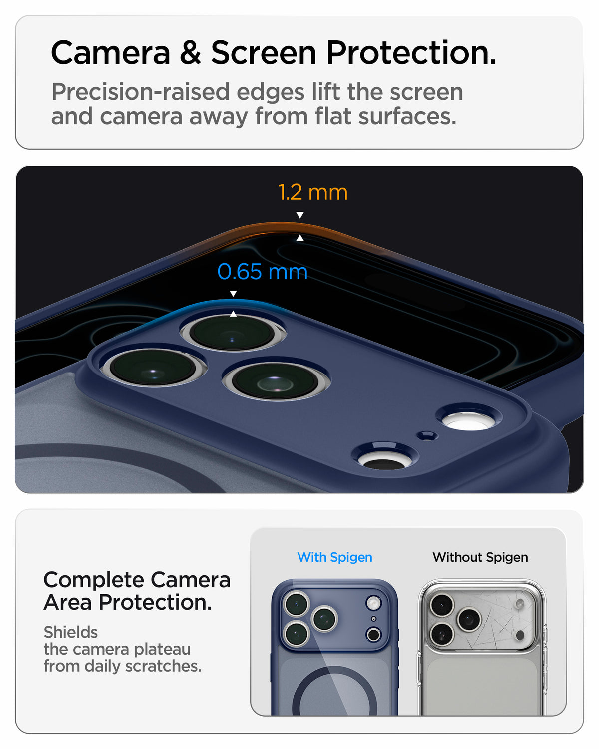 ACS11924 - iPhone 18 Pro / iPhone 17 Pro Ultra Hybrid (MagFit) in Frost Deep Blue showing raised edges around the screen and camera area for added protection against scratches and surface contact