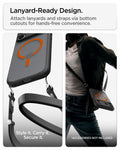ACS10481CA - iPhone 17 Pro Ultra Hybrid (MagFit) in Frost Black Orange showing built-in bottom cutouts for attaching lanyards and straps for hands-free carrying