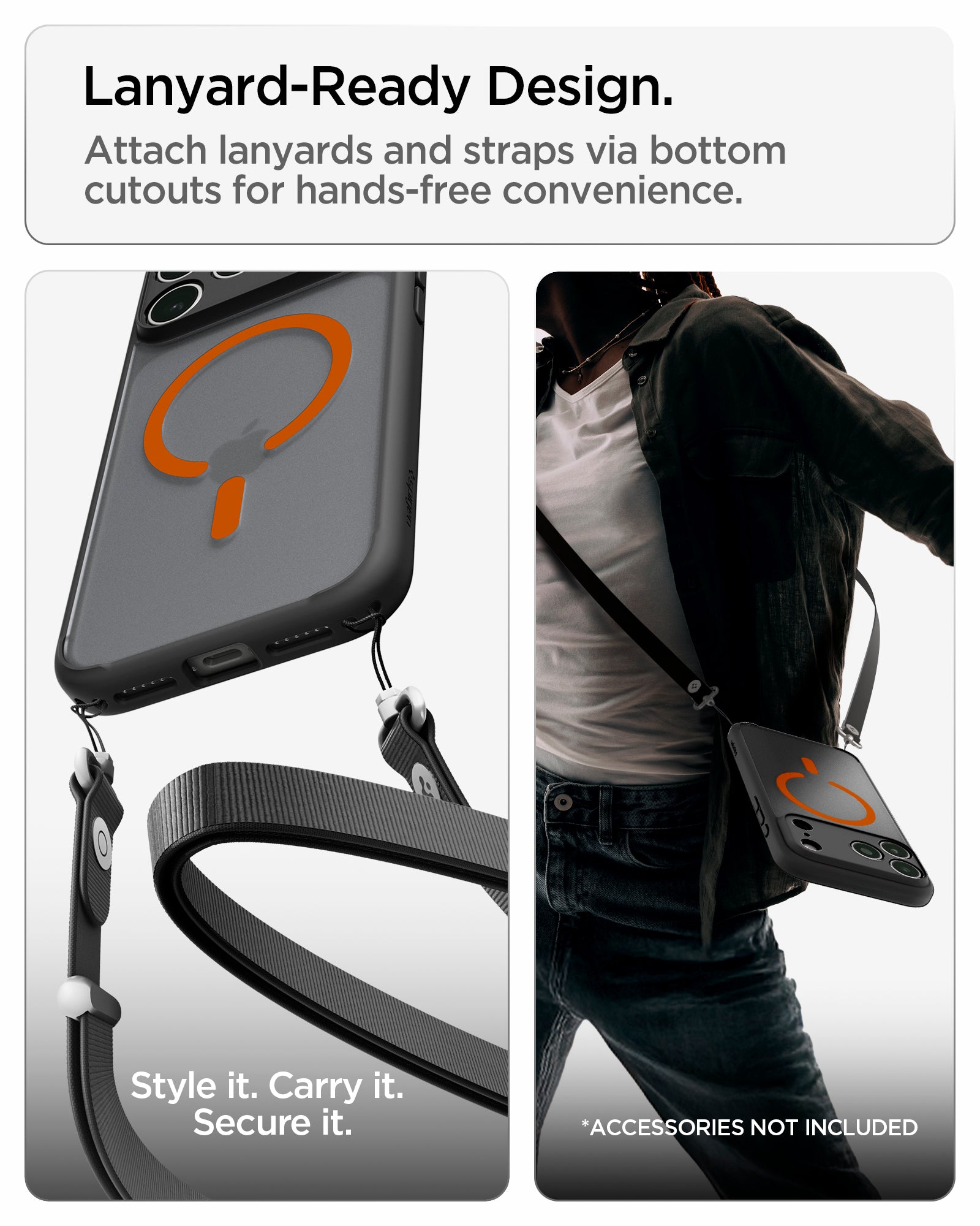 ACS10481CA - iPhone 17 Pro Ultra Hybrid (MagFit) in Frost Black Orange showing built-in bottom cutouts for attaching lanyards and straps for hands-free carrying