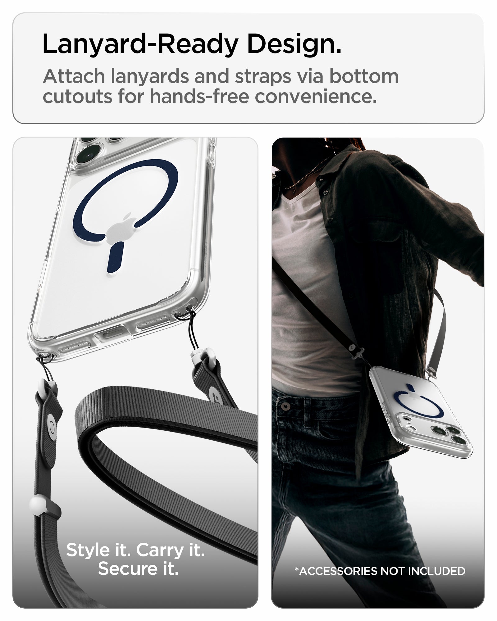 ACS10954CA - iPhone 17 Pro Ultra Hybrid (MagFit) in Clear Deep Blue showing bottom lanyard cutouts for attaching straps and hands-free carrying convenience