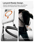 ACS11110CB -  iPhone 18 Pro / iPhone 17 Pro Ultra Hybrid (MagFit) in Clear Orange showing bottom lanyard cutouts for attaching straps and hands-free carrying convenience
