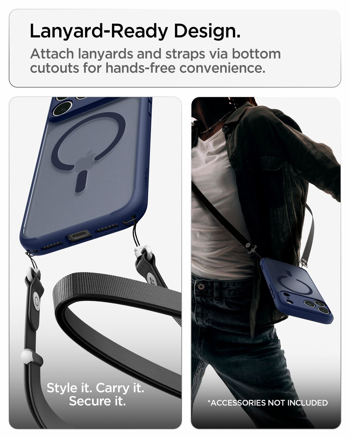 ACS11924 - iPhone 18 Pro / iPhone 17 Pro Ultra Hybrid (MagFit) in Frost Deep Blue showing built-in bottom cutouts for attaching lanyards and straps for hands-free carrying