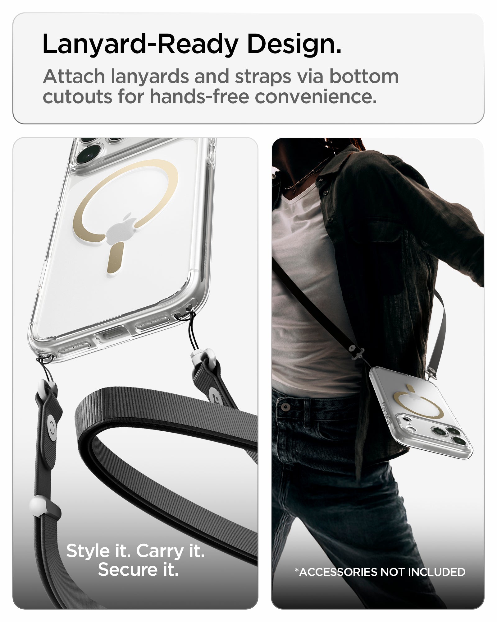 ACS10068 - iPhone 17 Pro Ultra Hybrid (MagFit) in Clear Gold showing bottom lanyard cutouts for attaching straps and hands-free carrying convenience