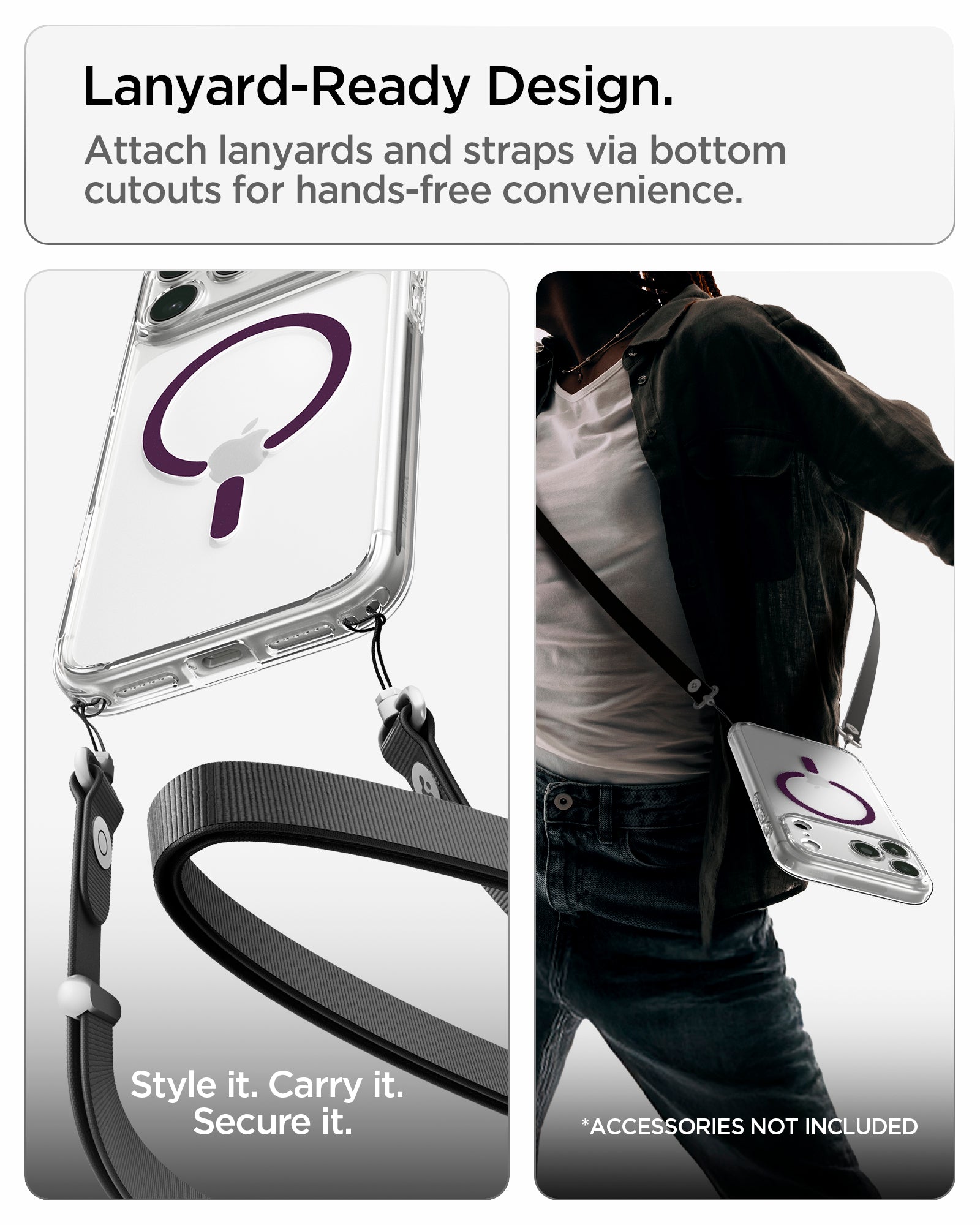 ACS12335 - iPhone 18 Pro / iPhone 17 Pro Ultra Hybrid (MagFit) in Clear Dark Cherry showing bottom lanyard cutouts for attaching straps and hands-free carrying convenience