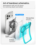 ACS11756 - iPhone 18 Pro / iPhone 17 Pro Ultra Hybrid C-One (Mag Fit) Bondi Blue showing layered teardown-inspired graphics with shock-absorbing edges and an integrated magnetic array