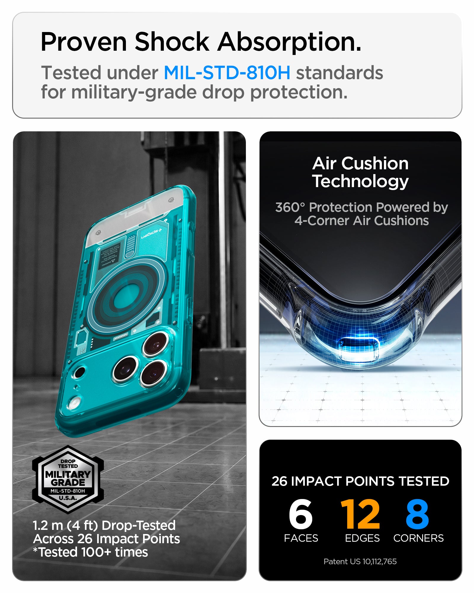 ACS11756 - iPhone 18 Pro / iPhone 17 Pro Ultra Hybrid C-One (Mag Fit) Bondi Blue showing military-grade drop protection with Air Cushion Technology and reinforced corner impact absorption
