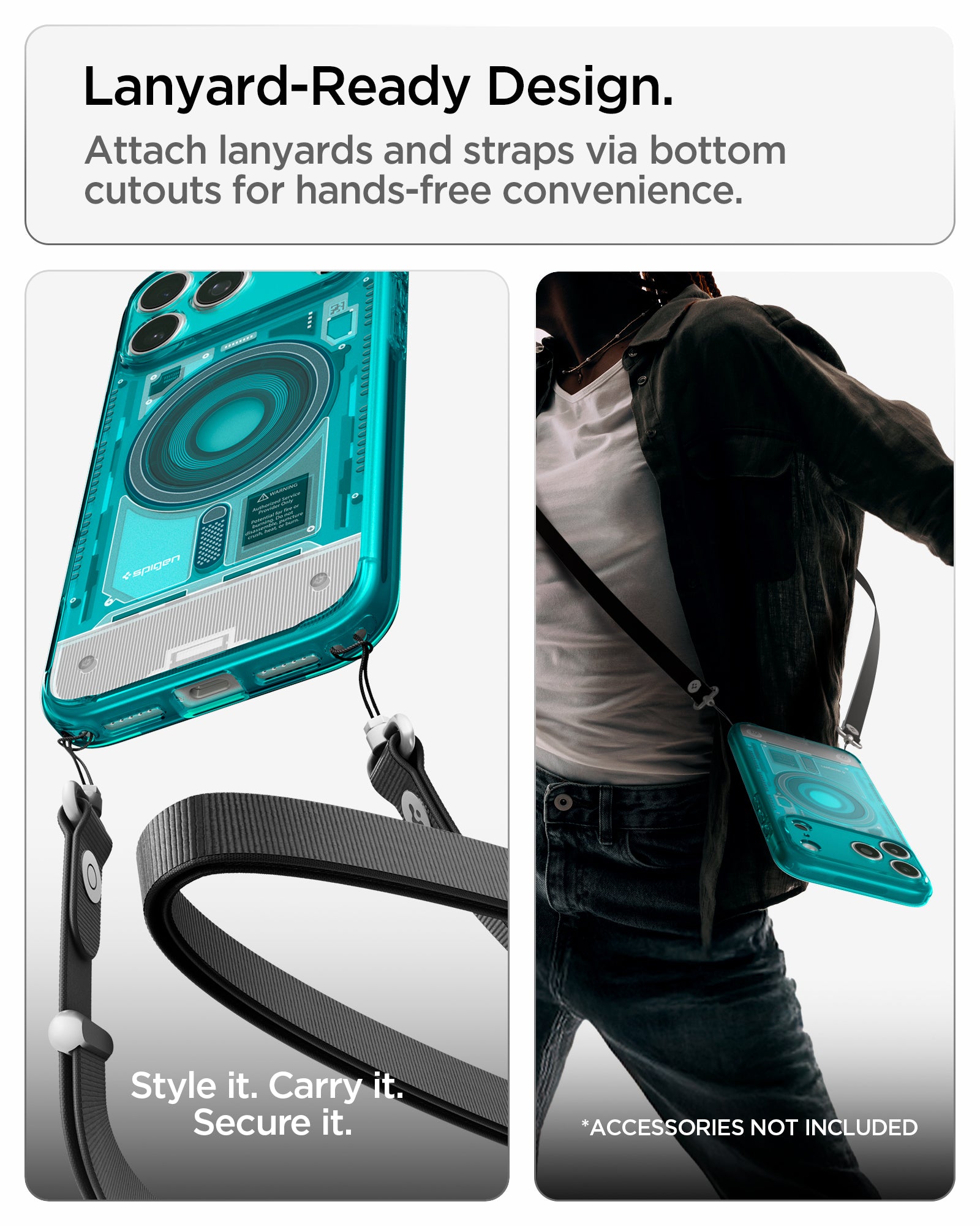 ACS11756 - iPhone 18 Pro / iPhone 17 Pro Ultra Hybrid C-One (Mag Fit) Bondi Blue showing built-in bottom cutouts for attaching lanyards and straps for hands-free carrying