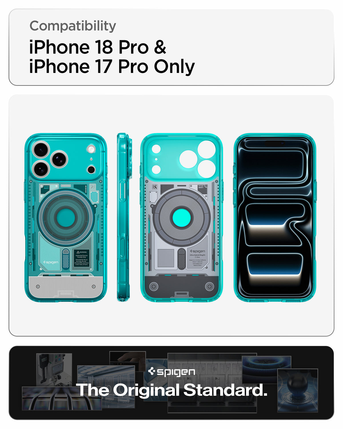 ACS11756 - iPhone 18 Pro / iPhone 17 Pro Ultra Hybrid C-One (Mag Fit) Bondi Blue showing front back and side views highlighting the translucent teardown-inspired design