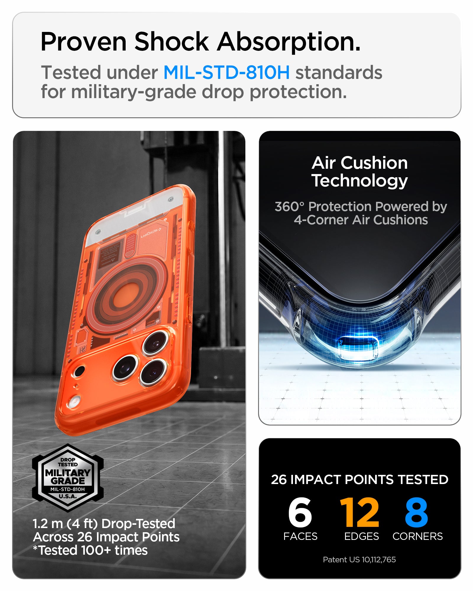 ACS11757 - iPhone 18 Pro / iPhone 17 Pro Ultra Hybrid C-One (Mag Fit) Tangerine showing military-grade drop protection with Air Cushion Technology and reinforced corner impact absorption